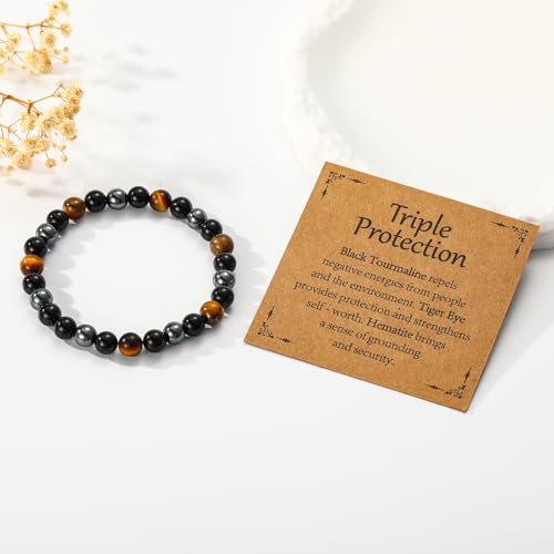 Gnamy Healing Crystal Bracelet for Women, Natural Stone Beaded Healing Crystal Bracelet Triple Protection Stress Relief Beads Jewelry Birthday Gifts Jewelry for Her - style: Triple Protection