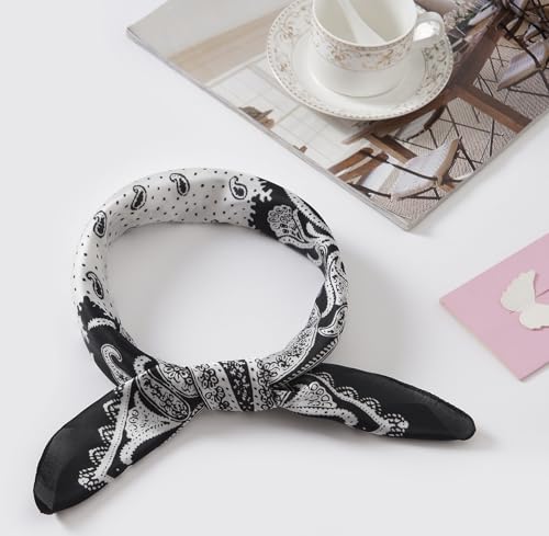 CHUNG Women's Scarf Hair Bandanas Square 27.5" Satin Wrap Fashion Pattern Scarves Emulation Silk Handbag Ribbons Necktie - color: Black Paisley