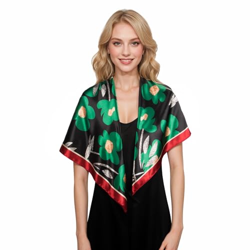 RIIQIICHY Head Scarf for Women Like Silk Scarf Hair Scarf Printed Square Scarf Bandanas for Women 35 Inches - color: Black/Red/Green/Gold
