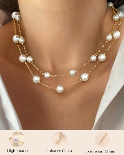 TEN MIRO 16k Gold Plated Chunky Gold Plated Necklace for Women Non Tarnish, 36'' /92cm Long Chunky Heart Necklace layered Puffy Heart Necklaces Long Thick Pendant Bold Statement Necklaces for Women Trendy - style: Gold Plated Double Layered Pearl Necklace