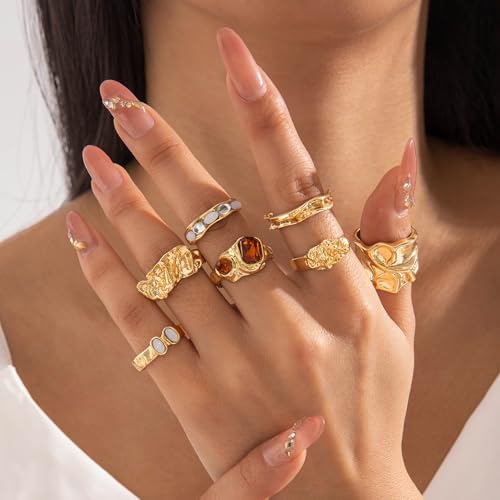 Chunky Gold Rings for Women Non Tarnish Boho Stackable Rings Set Adjustable Open Joint Finger Midi Knuckle Ring Packs - color: Gold Chunky Rings 7Pcs