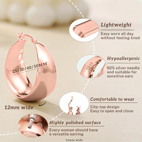 Senteria 12mm Wide Thick Hoop Earrings 925 Sterling Silver Hoop Earrings for Women Hypoallergenic 14K Real Gold Plated Hoops Large Earring Lightweight Chunky Hoops Earring for Women 25/30/40/50MM - color: Rose Gold-40mm