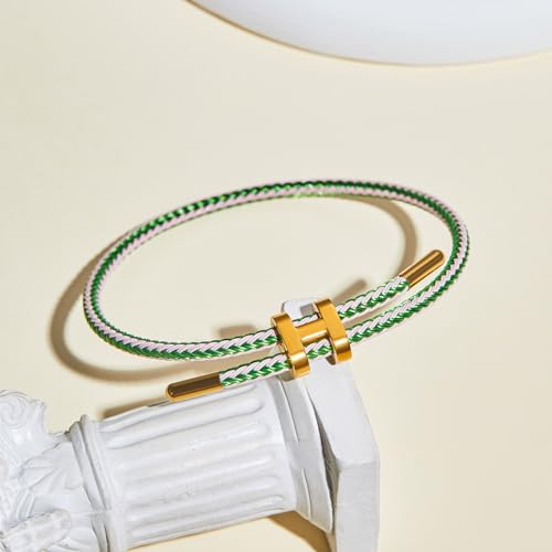 AIMADE Bracelets for Women Adjustable Charm Bracelet, 18k Gold-plated Buckle Design Titanium Steel Wire Rope Women's Gift Jewelry - color: pink-green