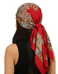 Women Head-Scarf Silk-Feeling-Scarf Hair Scarf Boho-Print Bandanas 35 Inches Square - color: Red