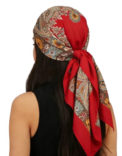 Women Head-Scarf Silk-Feeling-Scarf Hair Scarf Boho-Print Bandanas 35 Inches Square - color: Red