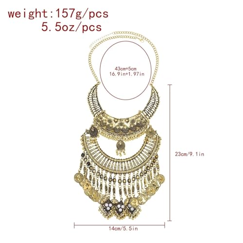 Vintage Gold Gypsy Bib Necklace, Multi-Layer Moon Pendant with Long Tassel, Afghan Ethnic Choker