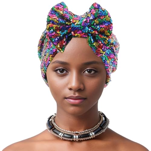 Erinaco Women Sparkle Sequin African Turban Bow Knot Pre-Tied Cap Pleated Ruffle Bonnet Beanie Hat Headwrap Skull Caps - color: Colorful Sequin