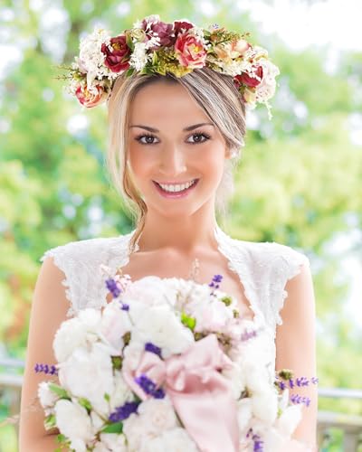 Rose Flower Crown Women Boho Flower Headband Hair Wreath Floral Headpiece with Ribbon Flower Leaves Crown for Wedding Festival Party Photos - color: Rose Flower Crown