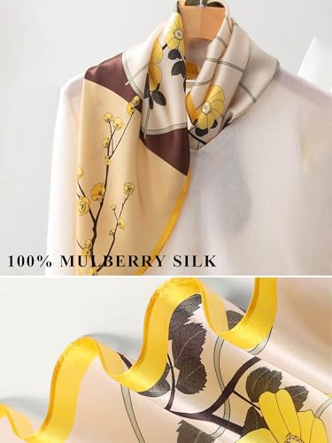 100% Mulberry Silk Scarf for Women Hair Lightweight Square Neckerchief Wrap For Head Scarves 21" - color: 1-yellow Plum Blossom /21"*21"