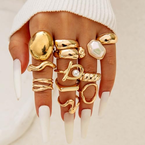 Gold Rings for Women Non Tarnish Stackable Rhinestone Moon Star Rings Dainty Stacking Pearl Butterfly Midi Pinky Thumb Joint Finger Knuckle Ring Set Gold Non Tarnish Jewelry Gifts Trendy Stuff - color: S Chunky Gold Rings 11Pcs