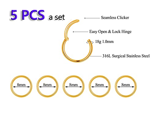 5Pcs 16G 18G Surgical Steel Nose Rings Hoop Tragus Septum Cartilage Hoop Earrings For Women Men Body Piercing Jewelry Kit Bar Length 6mm/8mm/10mm/12mm/14mm - style: 5Pcs -18G - Gold - 8mm