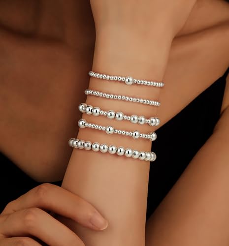 XIANNVXI 5PC Platinum Plated Silver Beaded Bracelet for Women Stretch Elastic Stackable Bead Ball Bracelet Trendy Set Women Dainty Jewelry - color: Silver B
