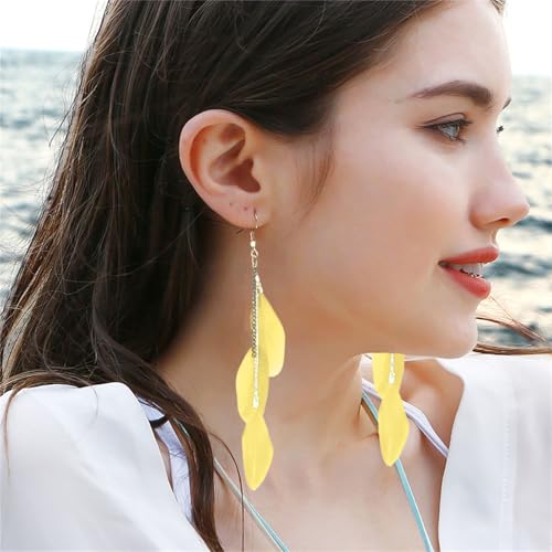 coadipress Boho Piercing Tassel Feather Long Chain Earrings Retro Lightweight Native Feather Dangle Drop Earrings for Women Bohemian Handmade Natural Feathers Earring Jewelry - color: Yellow