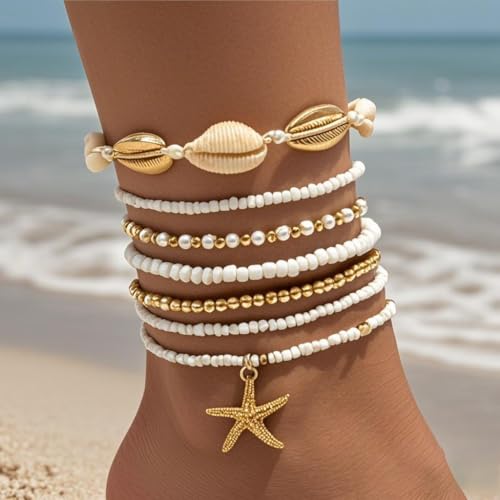 Mermaid Starfish Anklet Bracelets for Women Bohemian Beaded Anklet Adjustable Rice Bead Anklets Bracelet Handmade Woven Hawaiian Beach Seashell Pearls Waterproof Anklets Summer Beach Mermaid Jewelry - color: Gold