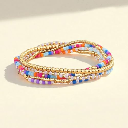 14K Gold Plated Beaded Bracelets Stack Set for Women,Stretch Boho Colorful Beads Ball Jewelry Friendship Summer Trendy - color: Colorful