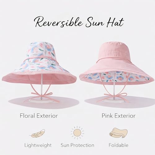 Wide Brim Sun Hat for Women Reversible Beach Hats Metal Wired Edge Gardening Hats, UPF 50+ Bucket Summer Hat - color: Pink