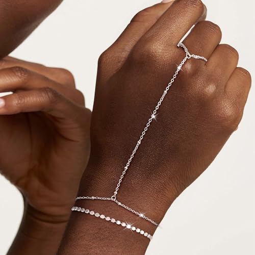 Moodear Gold Hand Chain Bracelet for Women - 14K Gold Plated/Sterling Silver Layered Adjustable Satellite Bead Paperclip Dot CZ Link Hand Chain Ring Bracelets Non Tarnish Trendy Jewelry Gift - style: Dot Hand Chain-SL
