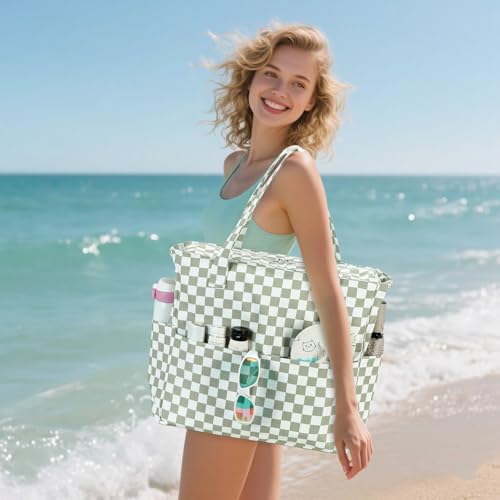 Bluboon Waterproof Beach Tote Pool Bags for Women Ladies Extra Large Carry On Bag With Wet Compartment for Weekender Travel - color: Grass Green White Grid