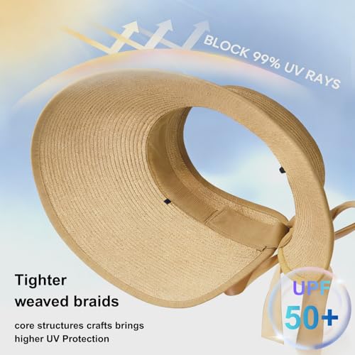 Women's Sun Visor Hats Wide Brim Beach Hat Straw Ponytail Visor Packable Foldable UPF 50+ Floppy Travel Hats - color: Khaki01