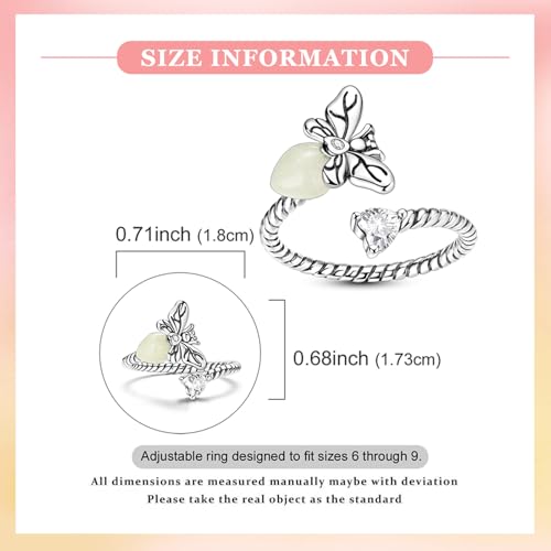 PARCOM Adjustable Women Stackable Ring, 925 Sterling Silver Open Rings - Trendy Eternity Cubic Zirconia Stackable Band Engagement Promise Ring for Her, Hypoallergenic Non Tarnish Nature Bird Floral Thumb Rings - color: Glow-in-the-Dark Firefly