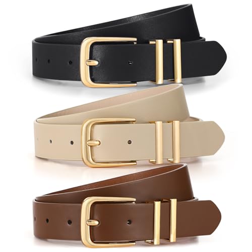 3 Pack Women's Belts for Jeans Pants Dresses Fashion Ladies Leather Waist Belt with Buckle Leather Belts - color: Black+coffee+beige(gold), size: Fit Waist Size 47-51in