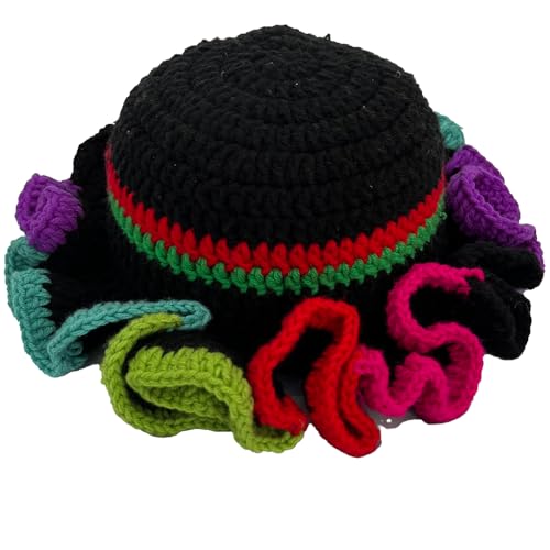 Handmade Crochet Bucket Hat for Women Boho Chic Slouchy Design Colorblock Ruffled Brim Festival&Daily Crochet Hat - color: Black Crown Contrasting