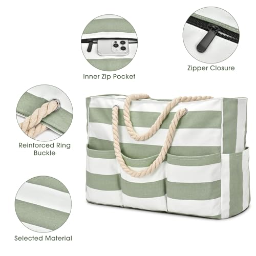 Becokan Beach Bags for Women Canvas Large Beach Tote Bag Zipper Waterproof Sandproof Foldable Swim Pool Bag with 7 Pockets - color: Light Green