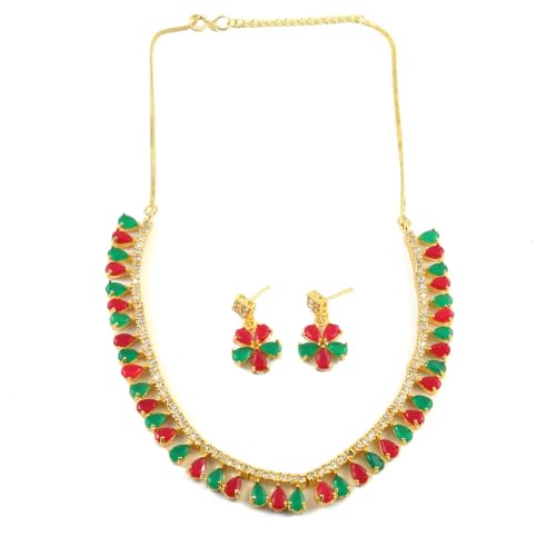 JewarHaat Indian Bollywood Necklace Set AD CZ Elegant Gold Plated Multi Stones Sparkling Crystals Choker with Earrings Fashion Jewellery for Women & Girls - color: Red-Green
