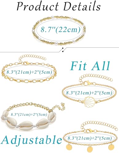 Shell Ankle Bracelets Set for Women Boho Bead Anklets Hawaiian Summer Beach Seashell Pearl Disc Puka Cowrie Conch Foot Chain Jewelry Gifts Gold Tone Adjustable - style: Disc