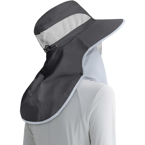 Womens Sun Hat Wide Brim UPF50+ Outdoor Sun Protection Ladies Fishing Hat with Neck Flap Detachable Face Cover - color: Dark Grey