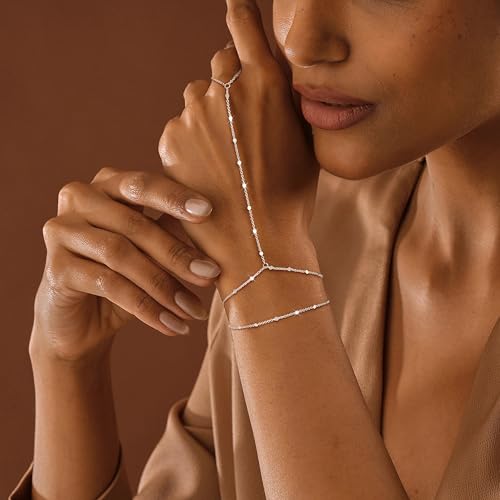 Hand Chain Bracelet for Women Trendy, Dainty Silver Beaded Finger Ring Bracelet Non Tarnish Minimalist Adjustable Simple Cute Silver Bracelets Waterproof Fashion Jewelry - color: Silver-04