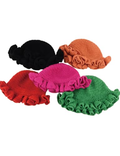 KORADI Womens Crochet Bucket Hat Ruffled Brim Knitted Hats Winter Boho Handmade Caps - color: Red-pearl