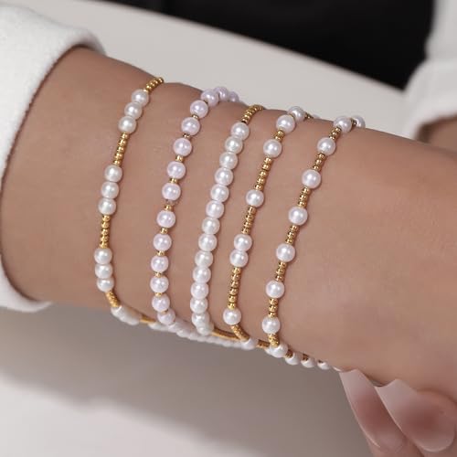 Gold Bracelets for Women 14K Gold Plated Beaded Non Tarnish Bracelets Stretch Bead Ball Bracelet Stack Set Jewelry for Gifts - color: G-SET 5PC
