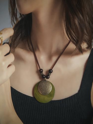 Kelake Leather Necklace for Women Men Teen Vinatge Boho Alloy Pendant Choker Jewelry Fashion Sweater Necklaces with Adjustable Genuine Leather Chain - color: Gold & Green Wood 2 Layers Round Pendant