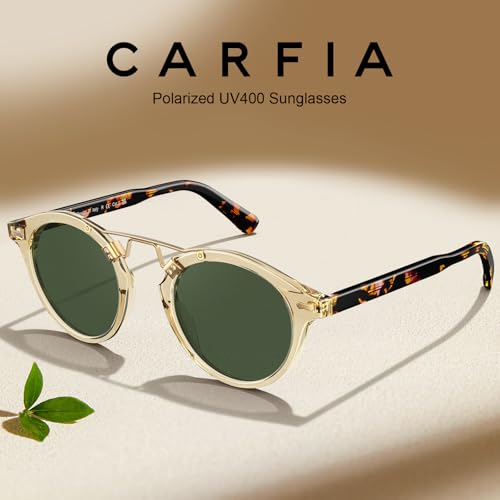 CARFIA Double Bridge Small Acetate Sunglasses for Women Polarized, Retro Metal Brow Ladies Sunnies Fashion Round Eyewears - color: 5. Translucent Yellow Frame Green Lens