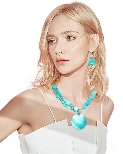 Layered Beads Statement Fashion Necklace Chunky Jewelry Set Big Colorful Glass Stone Circle Shell Pendant Choker Necklace and Earring Set for Women - color: Turquoise