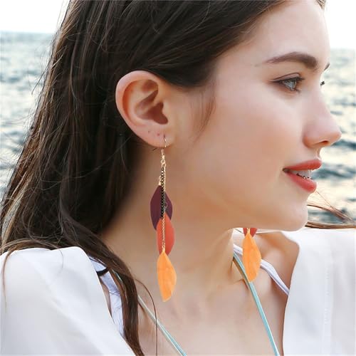 coadipress Boho Piercing Tassel Feather Long Chain Earrings Retro Lightweight Native Feather Dangle Drop Earrings for Women Bohemian Handmade Natural Feathers Earring Jewelry - color: Gradient Coffee