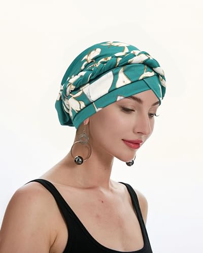 ZLYC Chemo Headwear for Women Pre Tied Turban Headwear Lightweight Beanie Hat - color: Braid Floral Teal