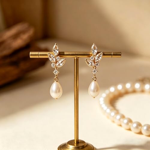 Pearl Earrings for Women, 14k Gold Plated Trendy Diamond Pearl Drop Earrings Hypoallergenic Dainty Bridal Gifts Wedding jewelry for Women - color: B - Gold