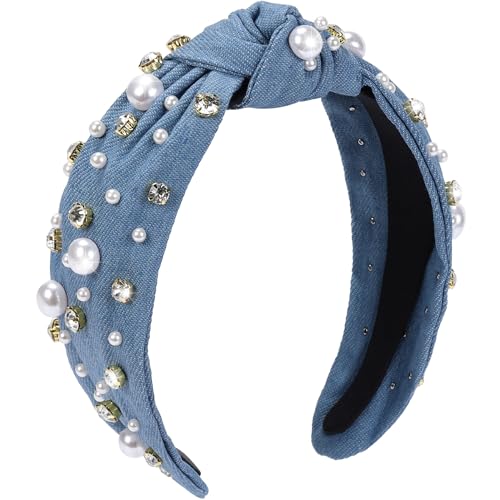 WantGor Pearl Knotted Headband, Women Rhinestone Embellished Hairband Elegant Wide Top Knot Bride Headbands Headpieces Party Fashion Elegant Ladies Hair Band Hair Hoop Accessories (Denim blue) - color: Denim blue