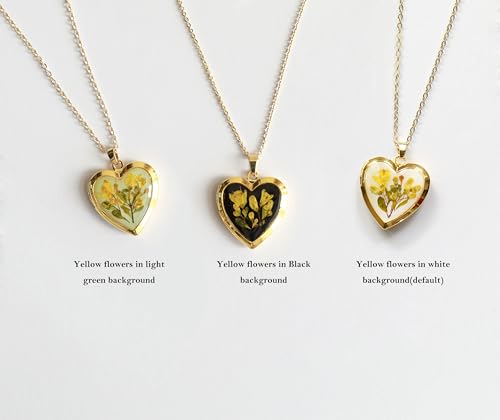 Handmade Dried Pressed Flower Heart Shaped Photo Locket Pendant Necklace - color: Gold, style: Yellow Flower on White