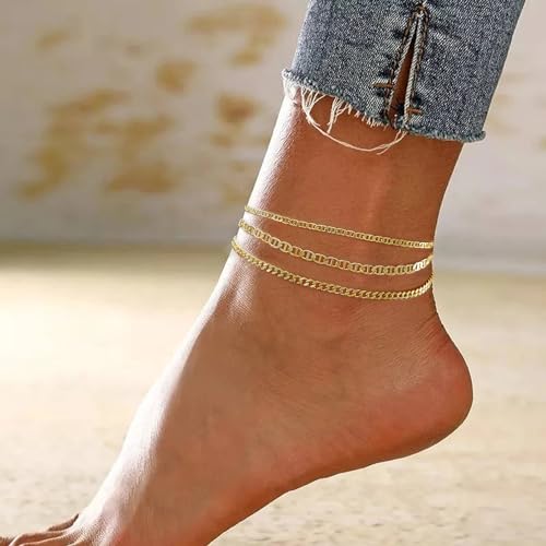 MIDEEO Gold/Silver Ankle Bracelets for Women,14K Gold Anklets for Women Waterproof Cuban Link Heart Beads Herringbone Rhinestone Anklets Set Layered Anklet Bracelets for Women Gold Jewelry Gift - style: 3Pcs Anklets D-Gold