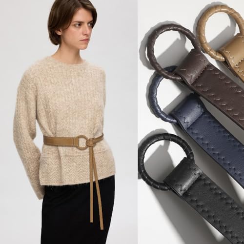 Knotted Waist Belt for Women PU Leather Thin Strap Belt for Dresses - color: Khaki