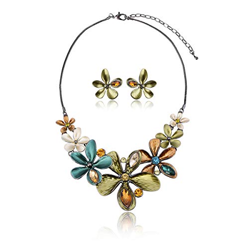 AMYJANE Vintage Statement Jewelry Set - Spring Leaf Flower Floral Plant Necklace Earring Set Crystal Rhinestone Fashion Costume Jewelry for Women Prom Party Unique Gift - style: Green Flower Jewelry Set