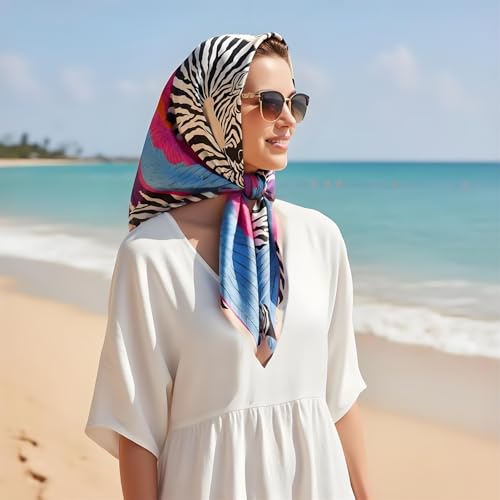 Premium Floral Scarf for Women 35x35 Square Silk Feel-Lightweight Scarves Headscarf Bandanas Wrapping Handbag - color: Zebra Pegasus (Cream/Pink/Purple)