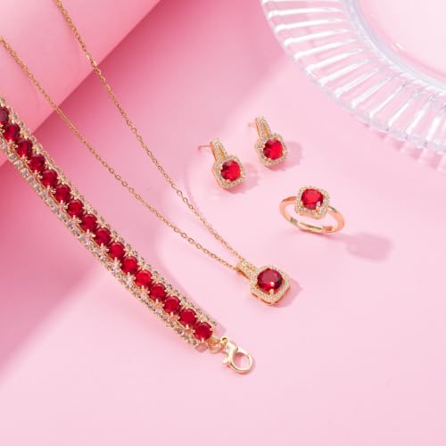 Paxuan 4pcs Cubic Zirconia Wedding Jewelry Sets for Bride Bridesmaid Cubic Zirconia Pendant Necklace Earrings Link Tennis Bracelet Open Ring Set for Women - color: Gold Plated Red Cubic Zirconia