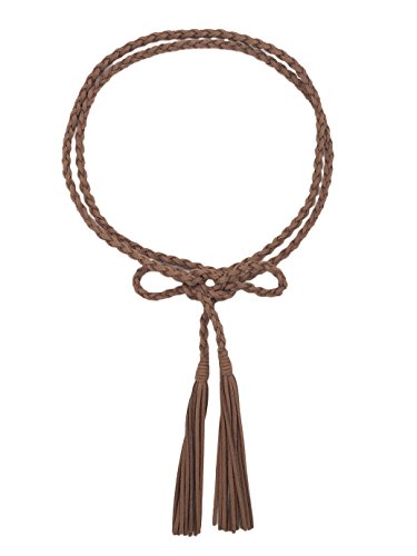 TeeYee Women Girls Braided Waist Tie Belt/Rope with Tassel Wrap Cloth Belts for Dress Pants - color: Tan, size: 63inch