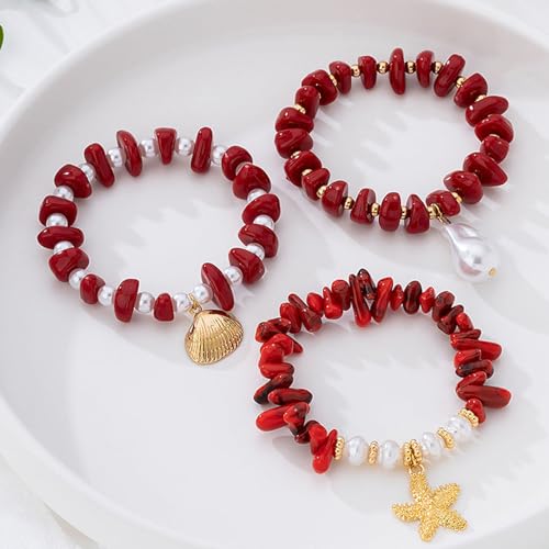 Boho Summer Bracelets for Women, Layered Beach Bracelets Set with Starfish Shell Pearl Charms, Colorful Beaded Bohemian Stackable Jewelry, Elastic Vacation Accessories Summer Outfit Jewelry - color: A3：Red Bracelet