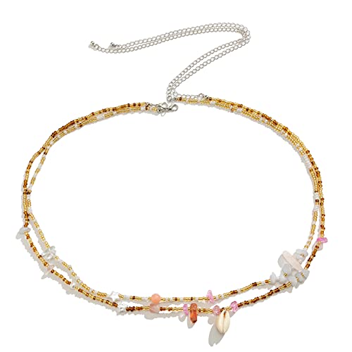 2Pcs Multilayer Boho Coloful Beads Waist Belly Chain Belt Double Layer Beaded Belly Chain Summer Bikini Sexy Shell Body Chain Festival Rave Body Accessories for Women (Colorflu)