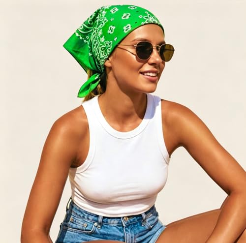 Junvena 27 Inch Extra Large Bandana 100% Cotton,Soft Thin Breathable Headband for Men Women, Solid & Paisley - color: Green 3 Pack